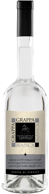 Grappa-Flasche mit schwarzem Verschluss und elegantem Etikett in Schwarz-Weiß-Design.