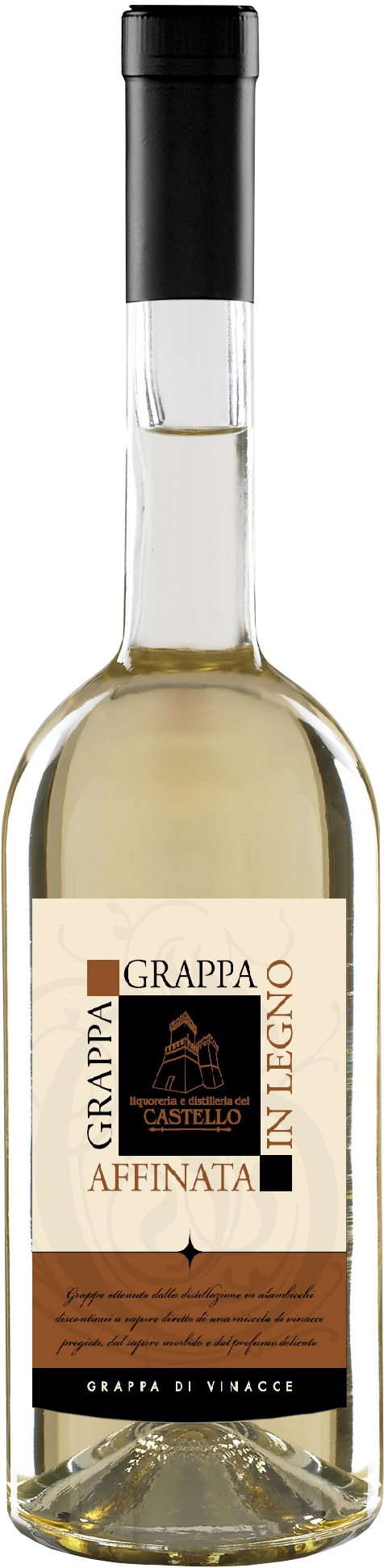Flasche Grappa, durchsichtig, mit beige-schwarzem Etikett mit Schrift und burgunderfarbenem Rand.